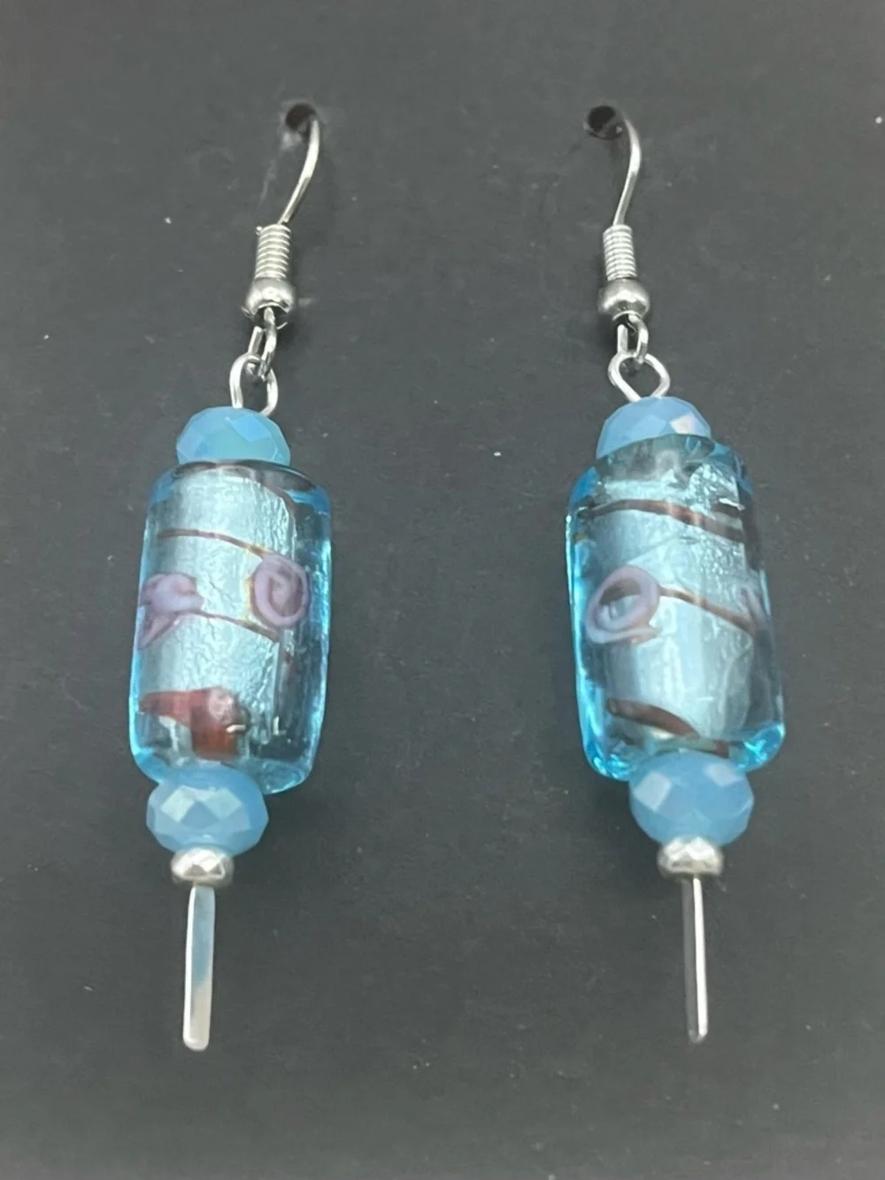 Handmade Blue Lampwork Glass Dangle Earrings Silver Tone Artisan Boho